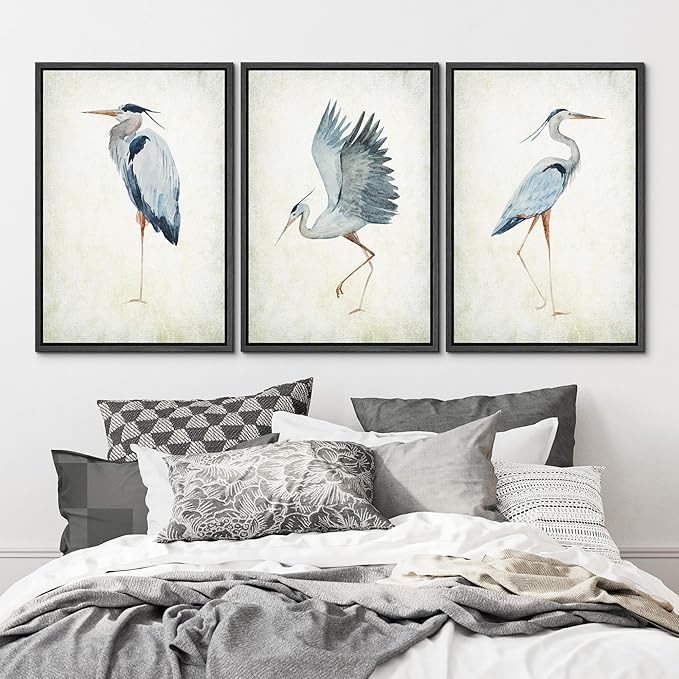 MUDECOR Framed Canvas Print Wall Art Heron Bird Wild Animal Prints Minimalist Modern Art Boho Relax Cozy Decor for Bedroom - 16"x24"x3 Black