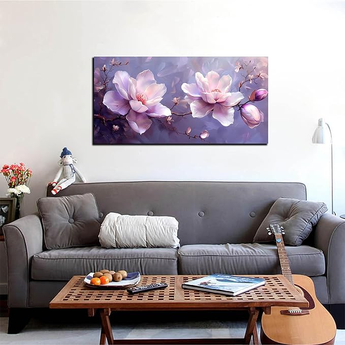 ANCXWOTER Botanical Wall Art Pink Purple Flower Artwork Modern Floral Canvas Prints for Living Room Bedroom Office Kitchen 20"x40"