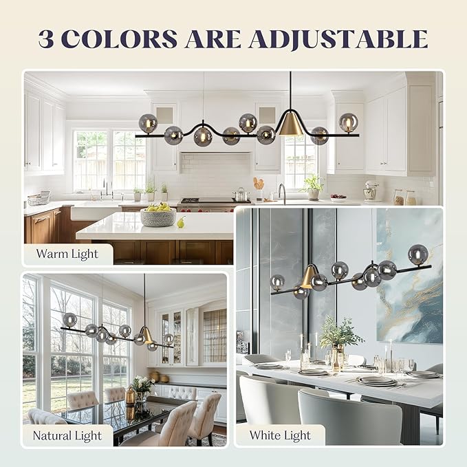 L55 in Mid Century Modern Chandelier, Black and Gold Globe Sputnik Glass Chandeliers Light Fixture,Rectangular Chandelier, 9 Light Dining Room Light Fixtures Over Table