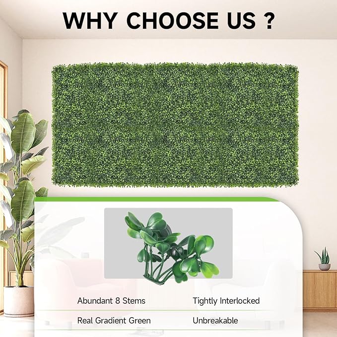 Artificial Grass Wall Panels, 12 PCS 10"x10" Boxwood Hedge Wall Panels with 100 Zip Ties, Boxwood Panels Backdrop for Outdoor Indoor Decorative Garden Fences Backyard Patio Privacy Hedge