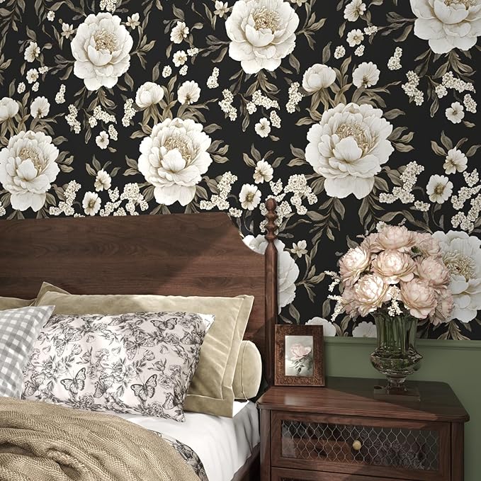 Boho Wallpaper Peel and Stick Dark Floral Wallpaper for Cabinet 17.5in x393in Vintage Contact Paper Waterproof Self Adhesive Modern Flowers Leaf Wall Paper for Room Walls Bathroom Decor