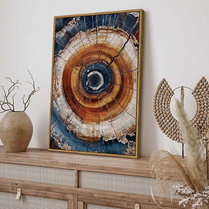 BingruiArt Framed Tree Ring Canvas Wall Art Abstract Wood Wall Decor Boho Modern Colorful Nature Painting Wood Stump Prints Pictures for Living Room Bedroom Bathroom Office 16"x24" Natural Framed(05)