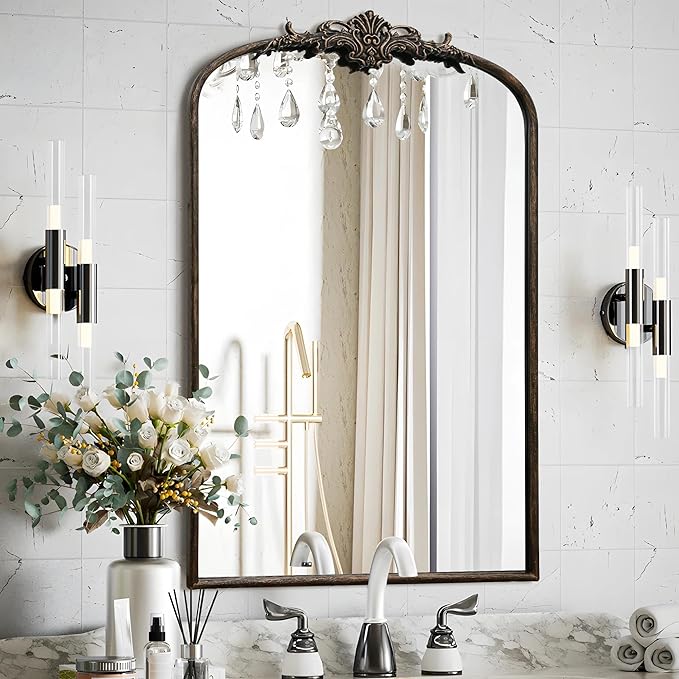 Antique Baroque Arched Mirror: 24"x36" Arch Black Vintage Wall Mounted Mirror - Traditional Ornate Home Decor for Entryway/Fireplace/Bathroom - Idea for Young Couples