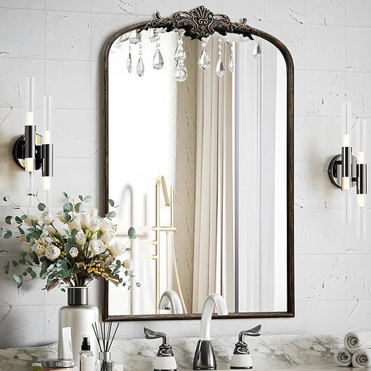 Antique Baroque Arched Mirror: 24"x36" Arch Black Vintage Wall Mounted Mirror - Traditional Ornate Home Decor for Entryway/Fireplace/Bathroom - Idea for Young Couples