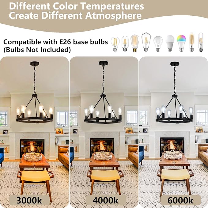 9MMML Black Wagon Wheel Chandelier, 6-Light Industrial Pendant Light, 20'' Farmhouse Ceiling Hanging Chandelier Light Fixture for Living Room, Bedroom, Entryway, Foyer