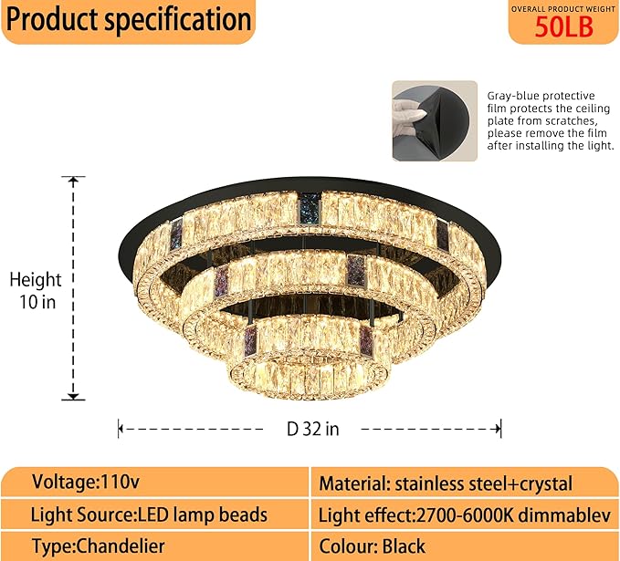 32'' Modern Flush Mount Crystal Chandelier for Living Room Round Ring Chandelier Black 3-Tier Crystal Ceiling Light for Dining Room Kitchen Bedroom Dimmable Lighting