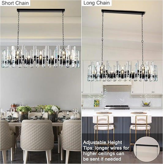 54" Black Chandelier, 24-Light Modern Rectangular Crystal Chandelier for Dining Room, Kitchen Island, Living Room, Bedroom, Foyer, Contemporary Adjustable Chain Chandeliers, Luxury K9 Light Fixture