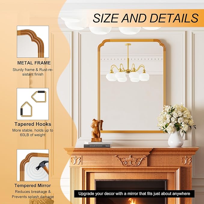 30" x 40" Wood Bathroom Mirror for Over Sink, Rustic Rounded Corner Vanity Mirror for Entryway, Living Room or Bedroom Home Decorative [Natural Color]