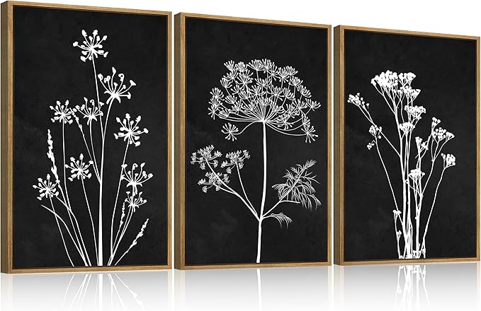 BINCUE Extra Large Framed Black and White Wall Art Floral Wall Decor Botanical Paintings for Living Room Bedroom Bathroom 24x36 Inch 3 Piece