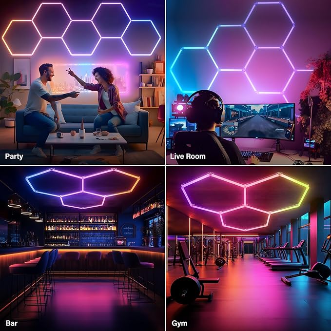 ALLYES Hexagon RGB Lights - Smart RGB LED Wall Lights with Music Sync, DIY Dimmable for Gaming Room, TV, Bedroom, Bar, Gym
