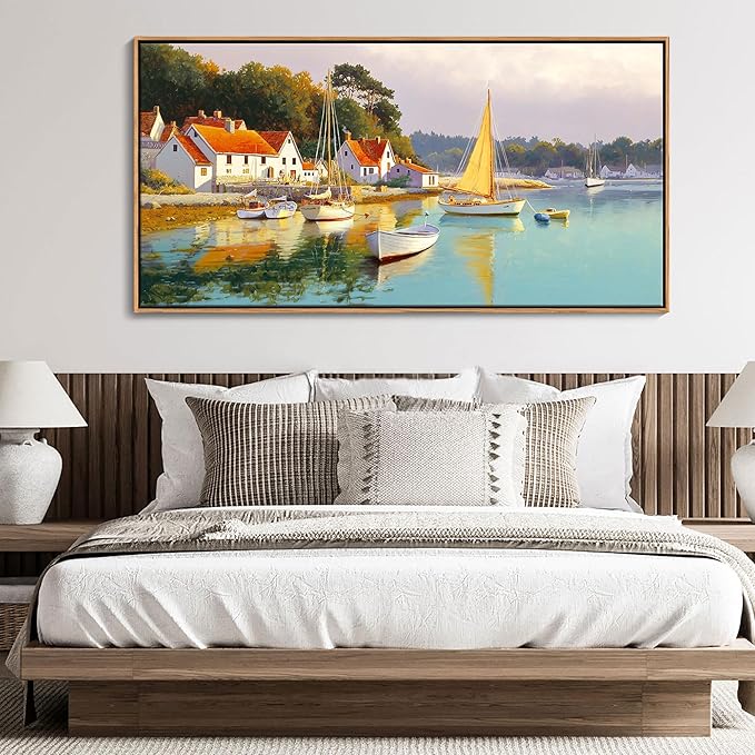 AJAZIKO Coastal Wall Art - Rustic Ocean & boat Canvas Art for Living Room & Bedroom Decor - Framed Landscape Artwork for Walls - Italian Farmhouse & Country Wall Decor Print Pictures24x48IN
