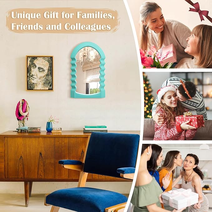 Arched Wall Mirror Home Office Decor, Cute Wall-Mounted Decorative Mirrors for Modern Apartment Bedroom Nusery Room Decoration, Hanging Wall Art Above TV Desk Table Decor (Turquoise Blue)