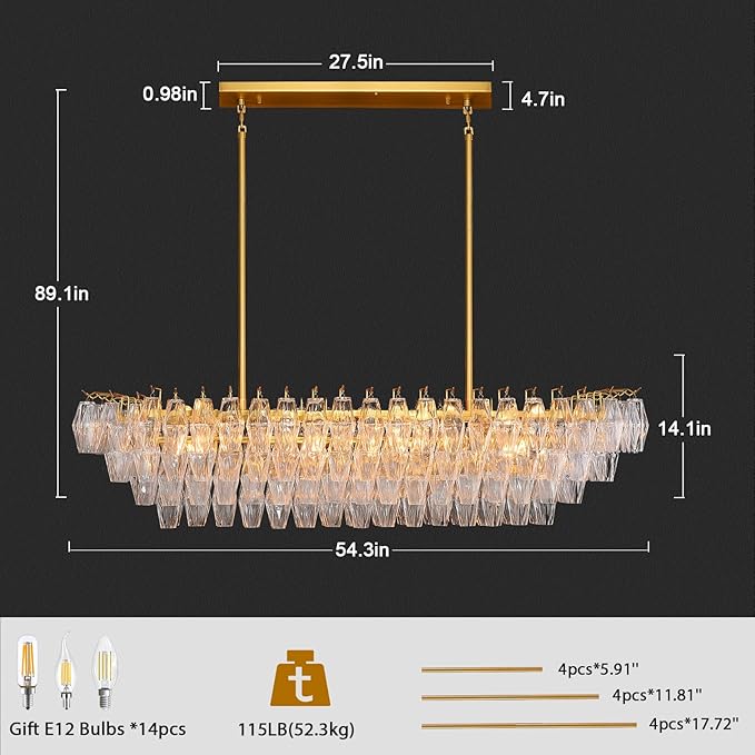 Modern Gold Rectangular Chandeliers for Dining Room, 14-Light 4 Tiered Crystal Brass Chandelier Over Dining Table, Glass Crystal Chandeliers for Kitchen Island, Long Chandelier for Living Room