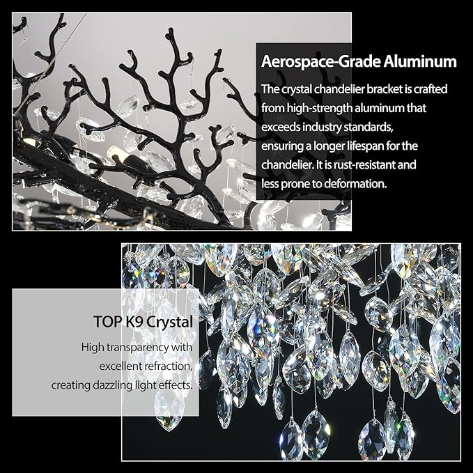 Modern Black Rectangle Crystal Tree Branch Chandelier, 55" 16-Light K9 Crystal Chandeliers for Dining Room, Rectangular Dining Room Chandelier Over Table,for High Ceiling,Kitchen