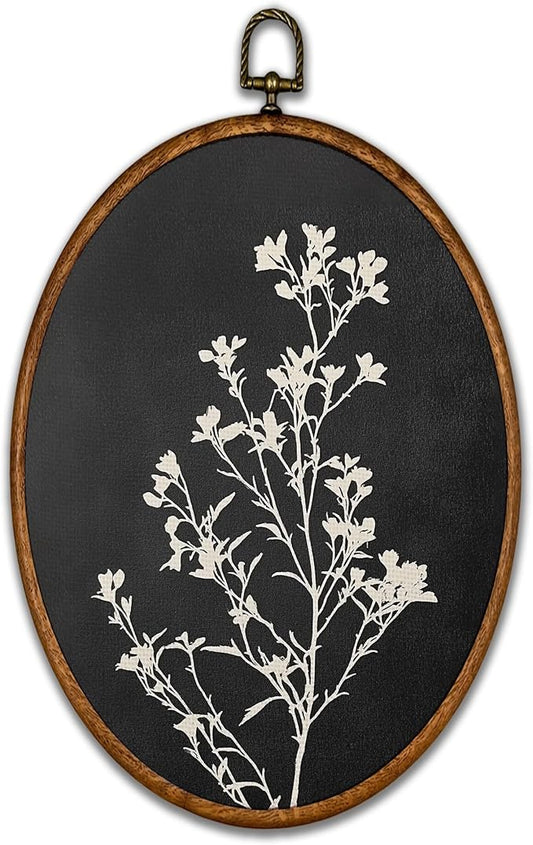 BCUANGD Vintage Flower Oval Wall Art Decor - Retro Boho Floral Botanical Wall Art Canvas Frame Artwork Prints, Black Mid Century Modern Round Wall Hanging Decorations for Home Bedroom, 8.6"x11.4"
