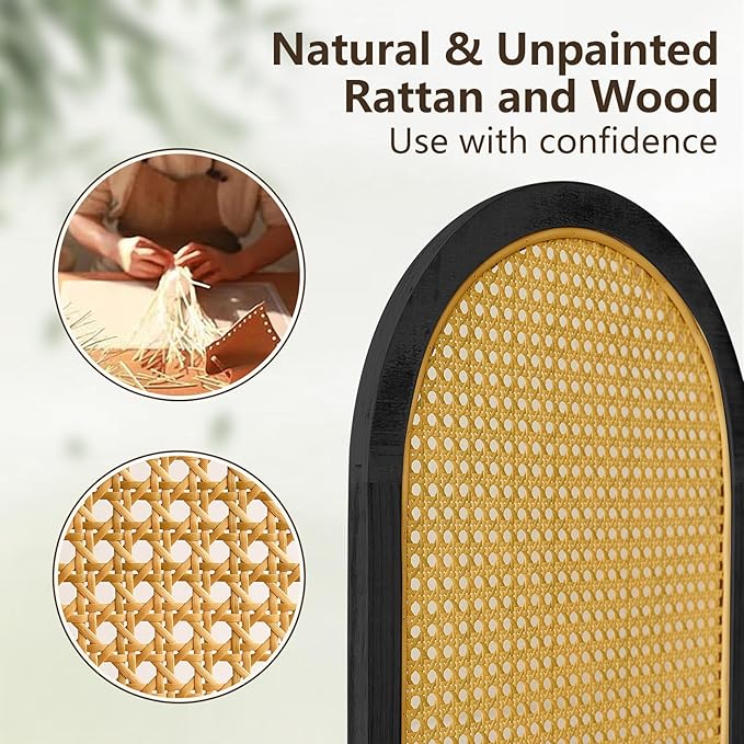 6 Panels Room Dividers and Hand-Woven Rattan Room Divider Wall, Wood Room Divider Folding Privacy Screens for Home Office Bedroom, Black