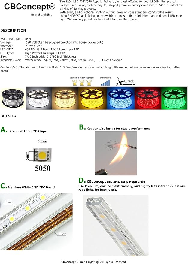 CBConcept UL Listed, 20 Feet,Super Bright 5400 Lumen, Yellow, Dimmable, 110-120V AC Flexible Flat LED Strip Rope Light, 360 Units 5050 SMD LEDs, Indoor Outdoor Use, Ready to use