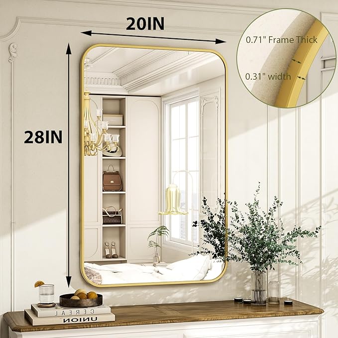 20 x 28 Inch Bathroom Mirror, Rounded Rectangular Vanity Mirror for Wall, Modern Mirror for Room Decor, Gold Framed Wall-Mounted Mirrors for Home Decor, Hangs Horizontally or Vertically