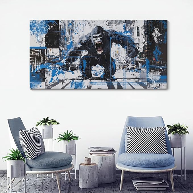 JEAWA Large Canvas Wall Art, Black and White Abstract Modern Picture Gorilla City Street Graffiti Animal Paintings for Living Room Bedroom Men Study Home Office Picture Wall Decor 29x58 IN