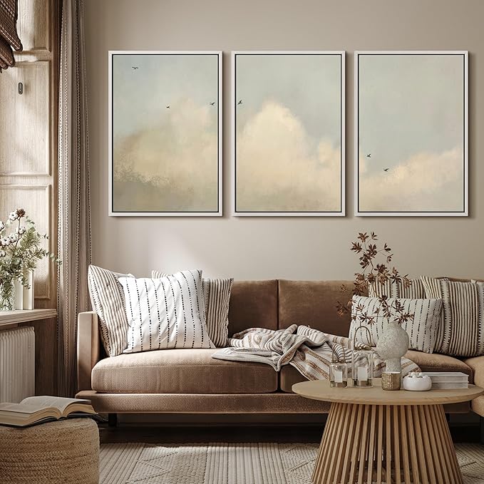 MUDECOR Framed Wall Art Print Set Minimalist Serene Sky with Birds Illustrations Modern Art Boho Decorative Colorful Chic for Living Room, Bedroom, Office - 16"x24"x3 White