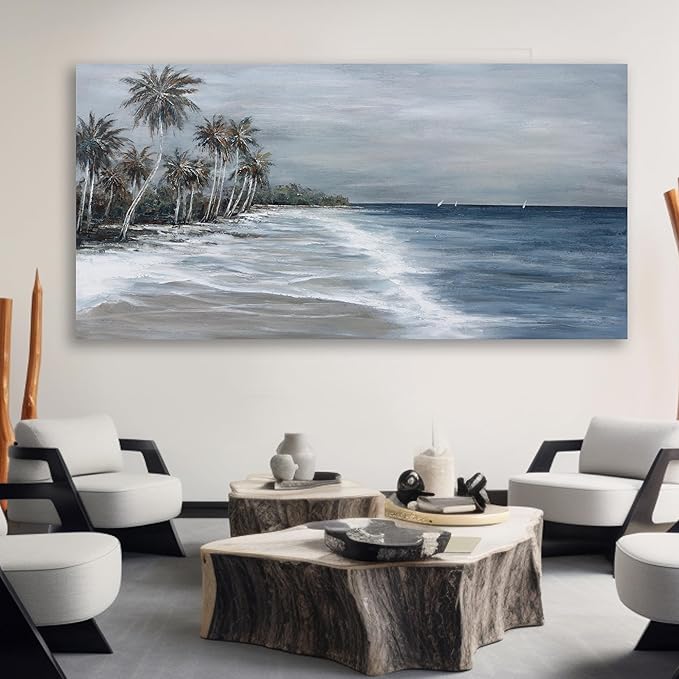 Coastal Wall Art Blue Gray Beach Wall Decor Landscape Abstract Canvas Painting Modern Ocean Artwork Framed for Living Room Bedroom Bathroom Office Decor 58"x29"Can Be Hung Directly