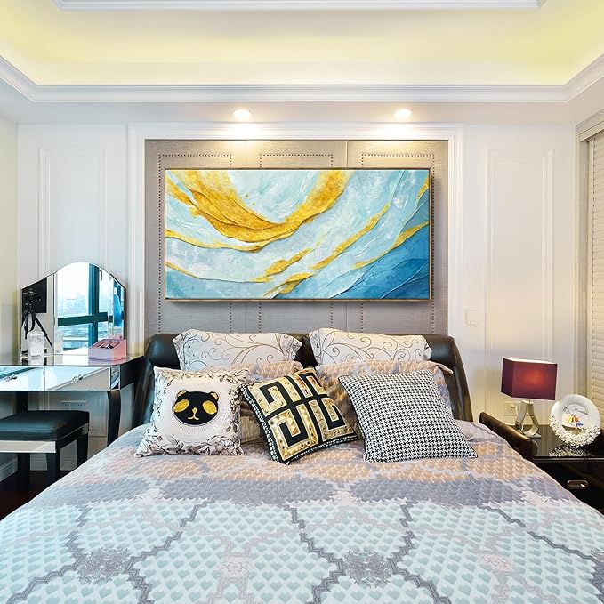 Nicetop Extra Large Framed Abstract Canvas Wall Art – Blue Gold Modern Oversized Picture Flowing Lines Art Print – Horizontal Wall Decor with Wood Frame for Living Room Bedroom Home Office 58x29Inch