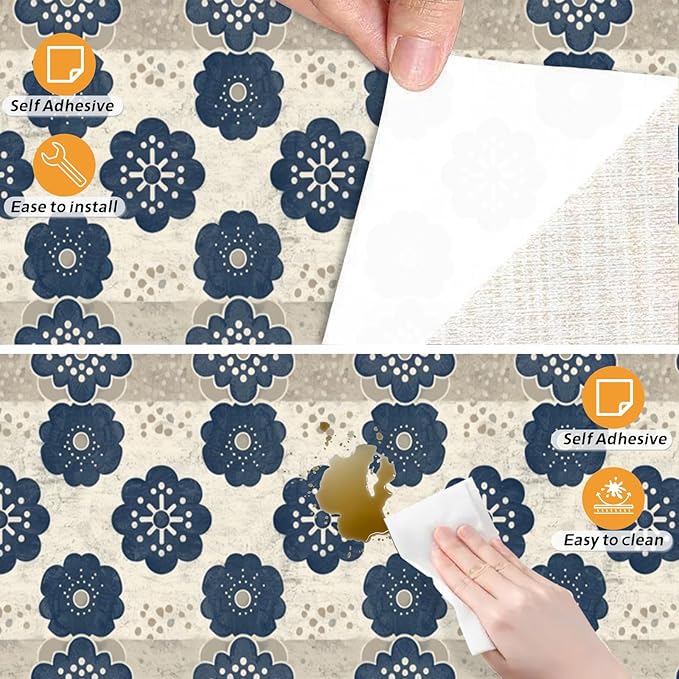 Nuxovilar Navy White Floral Medallion Textured Peel and Stick Wallpaper, 15.75"x39.37", Self-Adhesive Contact Paper, Traditional Tile Pattern for Bedroom, Living Room and Table Decor