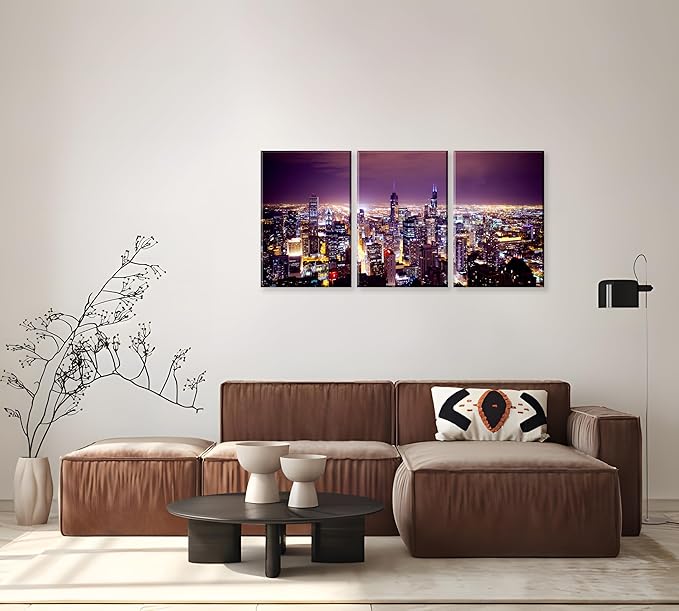 NAN Wind Large Modern City Chicago Skyline Pictures Cityscape Canvas Wall Art for Bedroom Downtown Poster Office Dining Room Wall Decor Wood Framed Night Scene Prints Paintings for Home Decorations