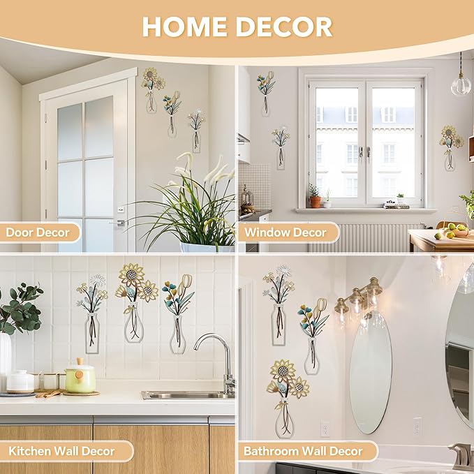 Mcdagogn 3 Pieces Metal Flowers Wall Arts - Rustic Farmhouse Wall Decor, Minimalist Beige Flower Wall Decor for Living room Bathroom Bedroom Laundry Room Kitchen Office - Housewarming Gifts