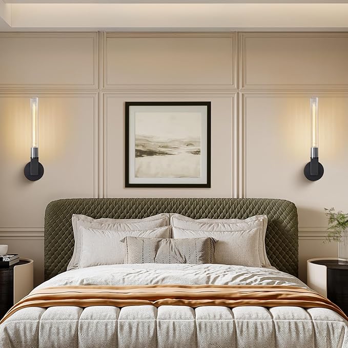 Black Wall Sconces Set of 2, Modern Bathroom Vanity Lights with Glass Shades - Industrial Vintage Wall Lamps for Mirror, Bedroom, Living Room, Hallway