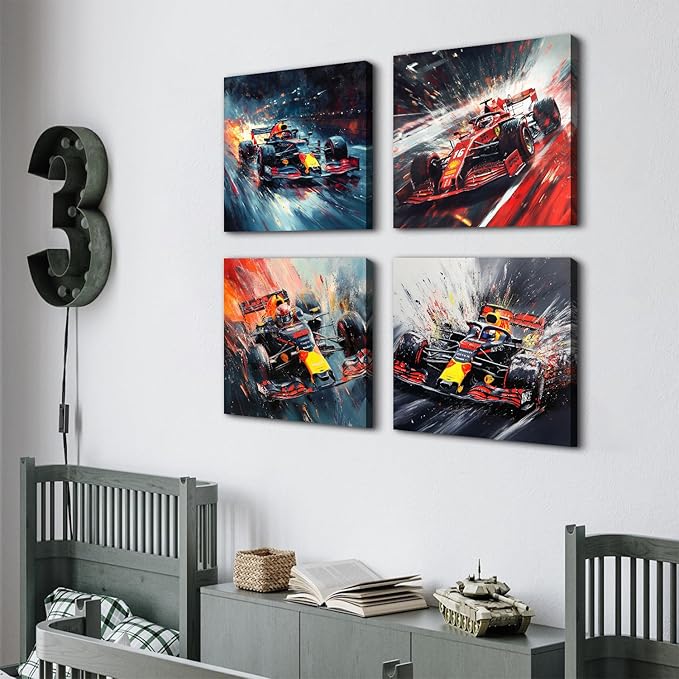Abstract Supercar Wall Art for Man Cave Colorful Formular Car Pictures Cool Boys Bedroom Posters Black and White Cyberpunk Vehicle Canvas Prints Sport Artwork Playroom Office Home Decoration 16x16" 4P