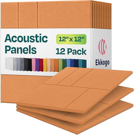Acoustic Panels 12-Pack Soundproof Wall Panels 12"x12"x0.4" Decorative Sound Dampening for Your Home, Office, Studio, Bedroom & More with Unique GridFrame Carving [70'S Orange]