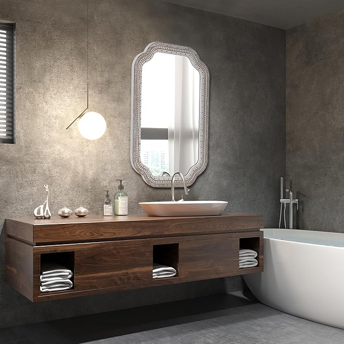 36x24 Wooden Scalloped Decorative Wall Mirror with Beaded Frame, Rustic Farmhouse Entryway Mirrors for Bathroom Vanity, Foyer, Hallway, or Over Sink (Horizontal/Vertical)