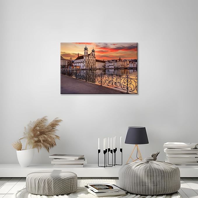 Mordern 1Pcs European Cityscape Canvas Wall Art Scenic Sunset Over River Cathedral with Domes Ready to Hang Architecture Romantic Travel Destination Decorative Framed Artwork for Living Rooms Bedrooms