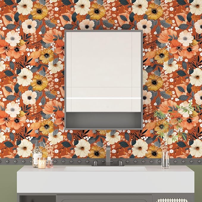 Orange Wallpaper Stick and PeelBoho Floral Contact Paper Self Adhesive Removable Waterproof Easy Peel Off Wall Paper Renter Friendly for Bedroom Cabinet Backsplash 17.5 x 393.5In