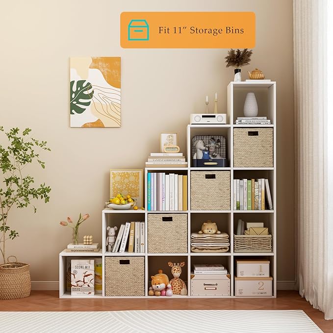 Ladder Cube Storage Bookcase - Wooden L-Shaped 5-Tier Corner Shelf, Reversible 15-Cube Organizer for Home & Office, White