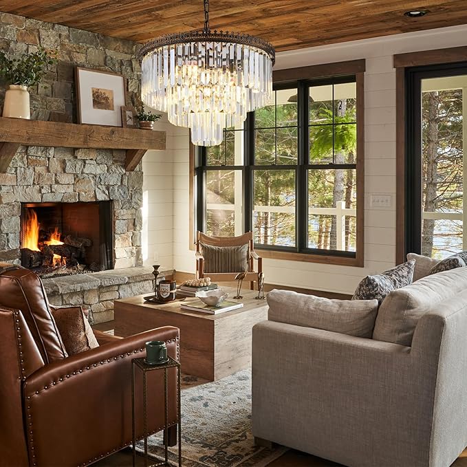 6-Light Crystal Chandelier, 3-Tier Modern Chandelier for Dining Room, Farmhouse Round Crystal Hanging Light Fixture for Foyer Living Room Entryway Bedroom