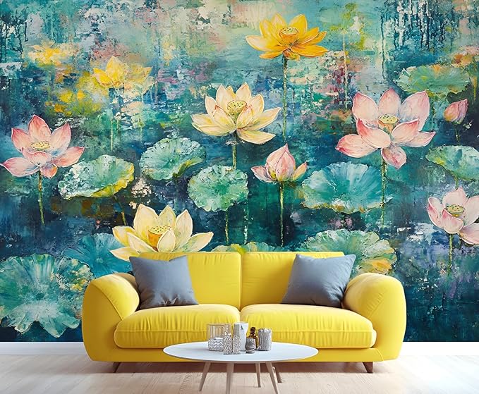 Lotus Flowers Mural Wallpaper, Watercolor Flowers Murals, Modern Simple Wall Art Murals Wallpaper for Living Room Bedroom Home Decor Mural - 78.7" W x 55.24" H (Not Peel Stick)