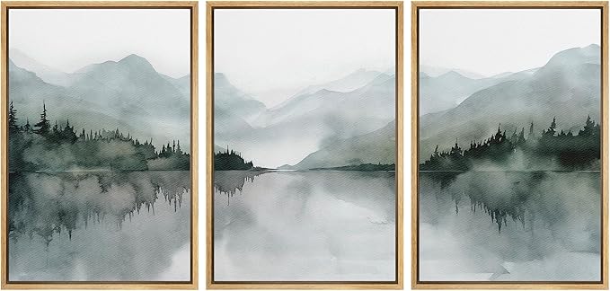 MUDECOR Framed Wall Art Print Set Misty Mountain Lake Watercolor Serene Illustrations Modern Art Boho Decorative Colorful Chic for Living Room, Bedroom, Office - 16"x24"x3 Natural