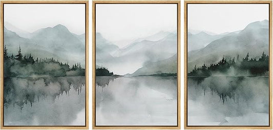 MUDECOR Framed Wall Art Print Set Misty Mountain Lake Watercolor Serene Illustrations Modern Art Boho Decorative Colorful Chic for Living Room, Bedroom, Office - 16"x24"x3 Natural