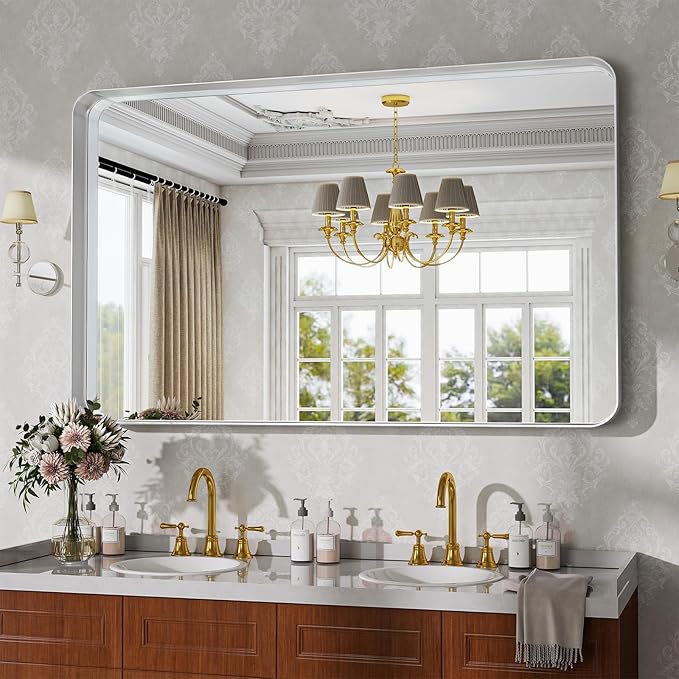 Bathroom Mirror Vanity for Over Sink Wall Mirror - 30x48 Inch Rounded Corner Rectangle Aluminum Frame Mirror,Hangs Horizontally or Vertically for Living Room Bedroom or Entryway Silver