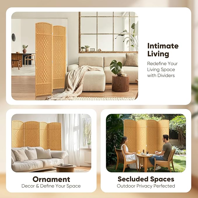 JOSTYLE 6ft. Tall Extra Wide Folding Privacy Screens with Diamond Double-Weave Room dividers and Freestanding Privacy Screens(Yellow, 4-Panel)