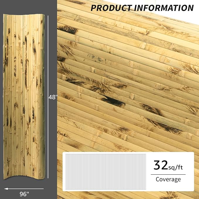Art3d Natural Bamboo Wall Panel for Interior Wall Decor, Renewable Pole Wrap Wainscoting Paneling for Wall Ceiling Furniture Cabinet Office, 48 x 96 Inch, 2-Pack - Light Burned
