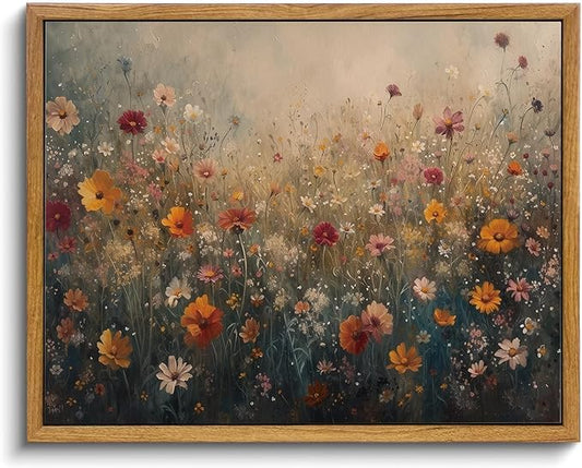 KISSFOX Vintage Framed Wall Art Farmhouse Dreamy Wildflower Field Canvas Art Colorful Daisy Floral Paintings Artwork Natural Rustic Art Prints For Bedroom Bathroom Living Room