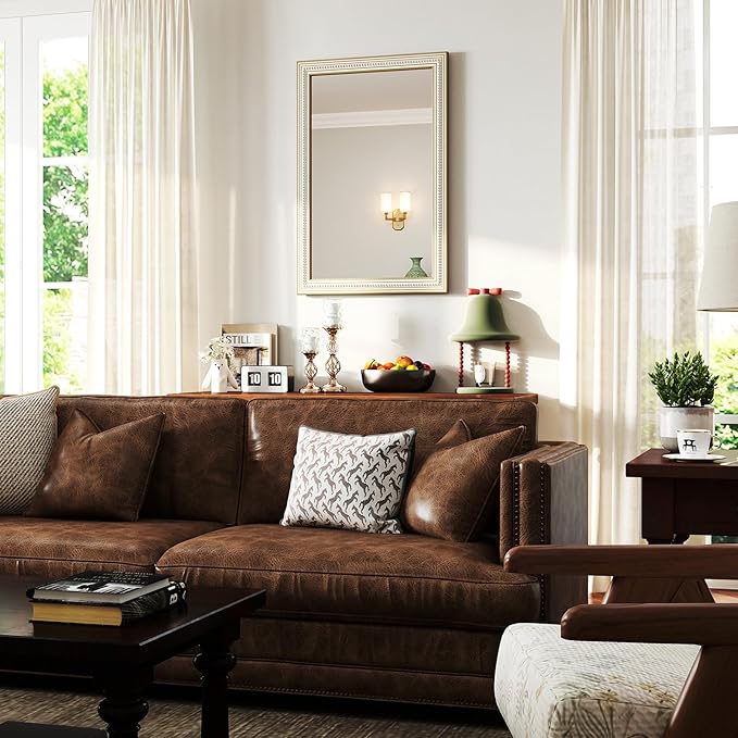 36x24 Inch Farmhouse Wooden Rectangle Mirrors for Wall with Beaded, Boho Decorative Rectangular Mirror for Bathroom, Living Room, Entryway, Foyer (Horizontal/Vertical Mount)