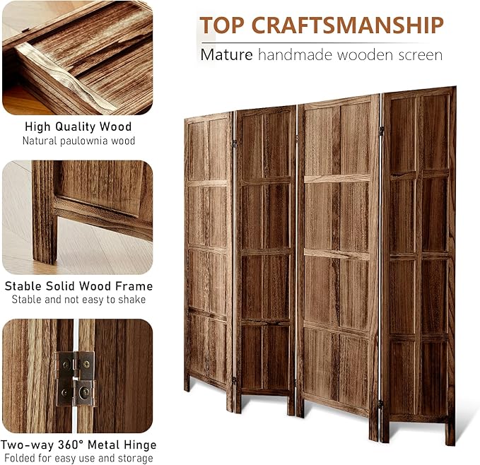 4 Panel Room Divider Wall, 5.6 FT Tall Folding Privacy Screen, Partition Divider for Room Separation, Room Partition Separator, Wooden Wall Divider Screen for Home Office Bedroom (Brown)