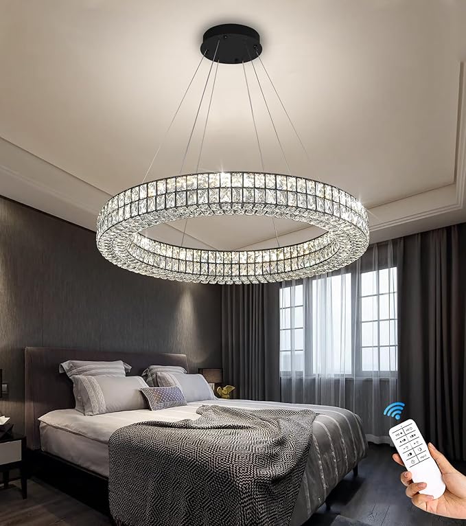 47.5 inch Large Black Chandelier Round Crystal Chandelier Light for High Ceiling Ring Pendant Hanging Ceiling Light Led Dimmable 2700k-6000k