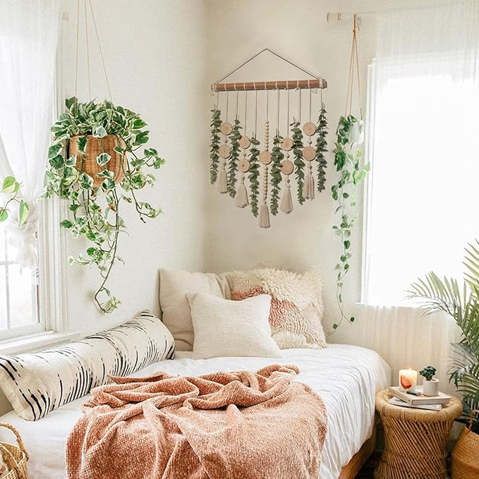 Artificial Eucalyptus Wall Hanging Decor Fake Plant Greenery Leaves Chip Strands Beads Garland on 16.5 inch Stick Boho Rustic Farmhouse Nature Bathroom Bedroom Living Room Decorations