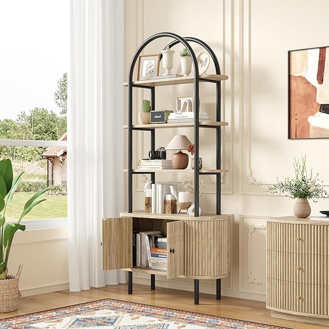 71" Tall Bookshelf, Bookcase, 4-Tier Book Shelf with Storage Cabinet, Curved Metal Frame Bookcase, Freestanding Industrial Storage Display Shelving for Living Room Office Bedroom, Natural