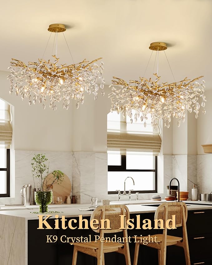 Modern Tree Branch Crystal Chandelier Luxury Gold Crystal Pendant Lighting 30" Contemporary 10-Light Chandeliers for Dining Room Kitchen Bedroom Living Room